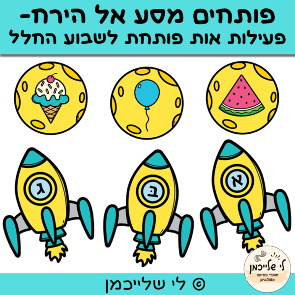 פעילות אות פותחת לשבוע החלל. מודעות פונולוגית להכנה לכיתה א'. התאמה בין החלליות לירחים על בסיס אות פותחת.