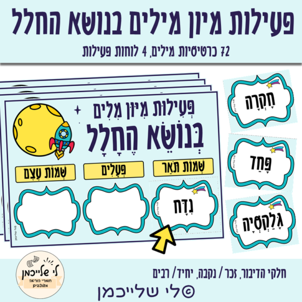 מרכזון בשפה לשבוע החלל. פעילות מיון מילים- שמות עצם, פעלים, שמות תואר.