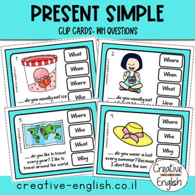 Present Simple- Wh Questions כרטיסיות לתרגול הווה פשוט, זמנים באנגלית