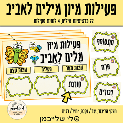 מרכז למידה בשפה לאביב. מיון מילים לפי שם עצם, תואר, פועל, יחיד רבים וזכר נקבה.