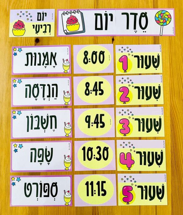 קובץ סדר יום מנוקד לתלייה בכיתה מתוך ערכת עיצוב כיתה כיתת הממתקים