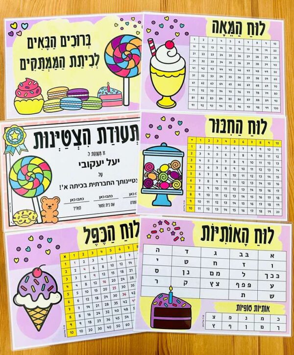 לוח הכפל, לוח המאה, לוח החיבור, לוח האותיות ותעודות הצטיינות, קבצים מנוקדים להדפסה.