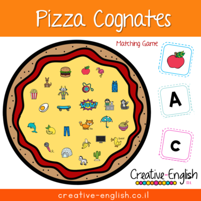 Alphabet Cognates- Pizza matching game. English and words that sound similar in Hebrew